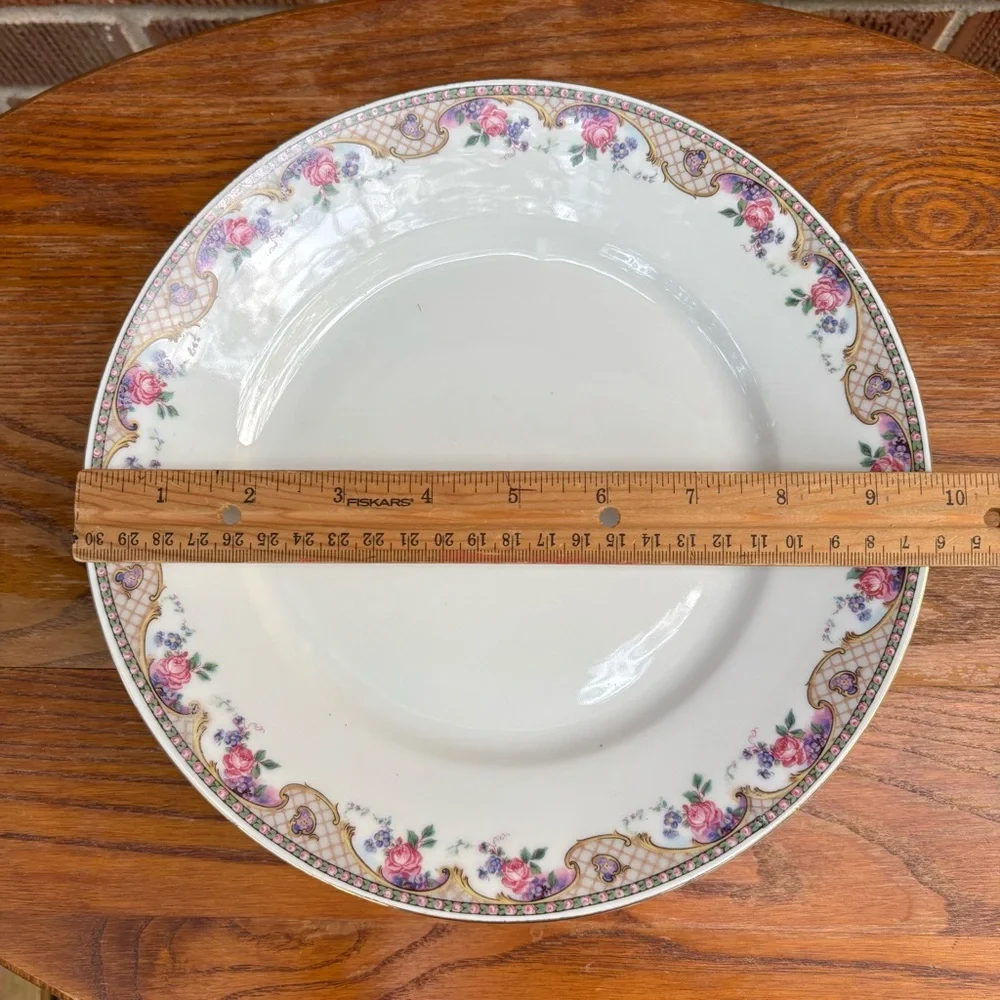 Vtg Victoria Czecho-slovakia Dinner plates  Pat. 272 Pink Roses gold basket 3 pc